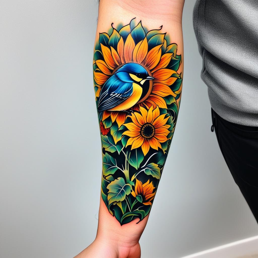  sunflower, bird, (tattoo), (sleeve tattoo design on the arm)