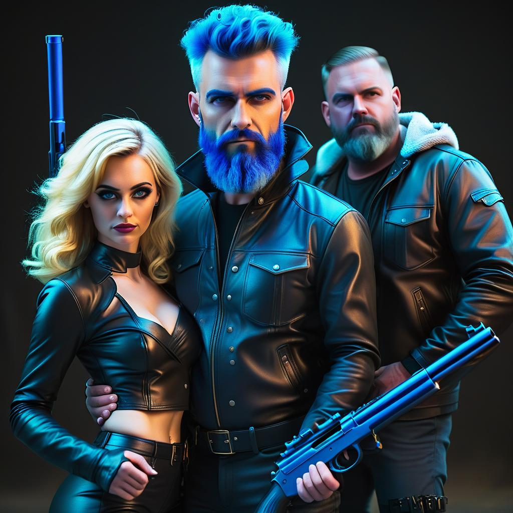  a man with a blue beard with a rifle and a blonde woman in a leather coat standing next to him, t shirt design, glowneon