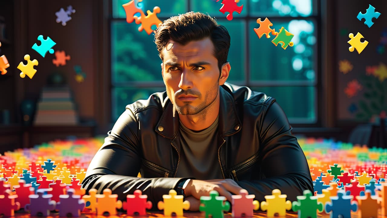  a focused individual surrounded by colorful puzzle pieces, deep in thought, with a backdrop of intricate puzzles and brain teasers, showcasing determination and creativity, illuminated by warm, inviting light. hyperrealistic, full body, detailed clothing, highly detailed, cinematic lighting, stunningly beautiful, intricate, sharp focus, f/1. 8, 85mm, (centered image composition), (professionally color graded), ((bright soft diffused light)), volumetric fog, trending on instagram, trending on tumblr, HDR 4K, 8K