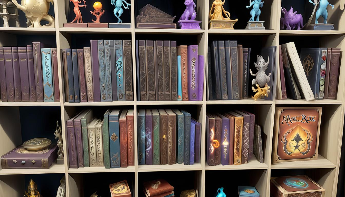  magic rack with board games and books, on which there are magical artifacts and chests