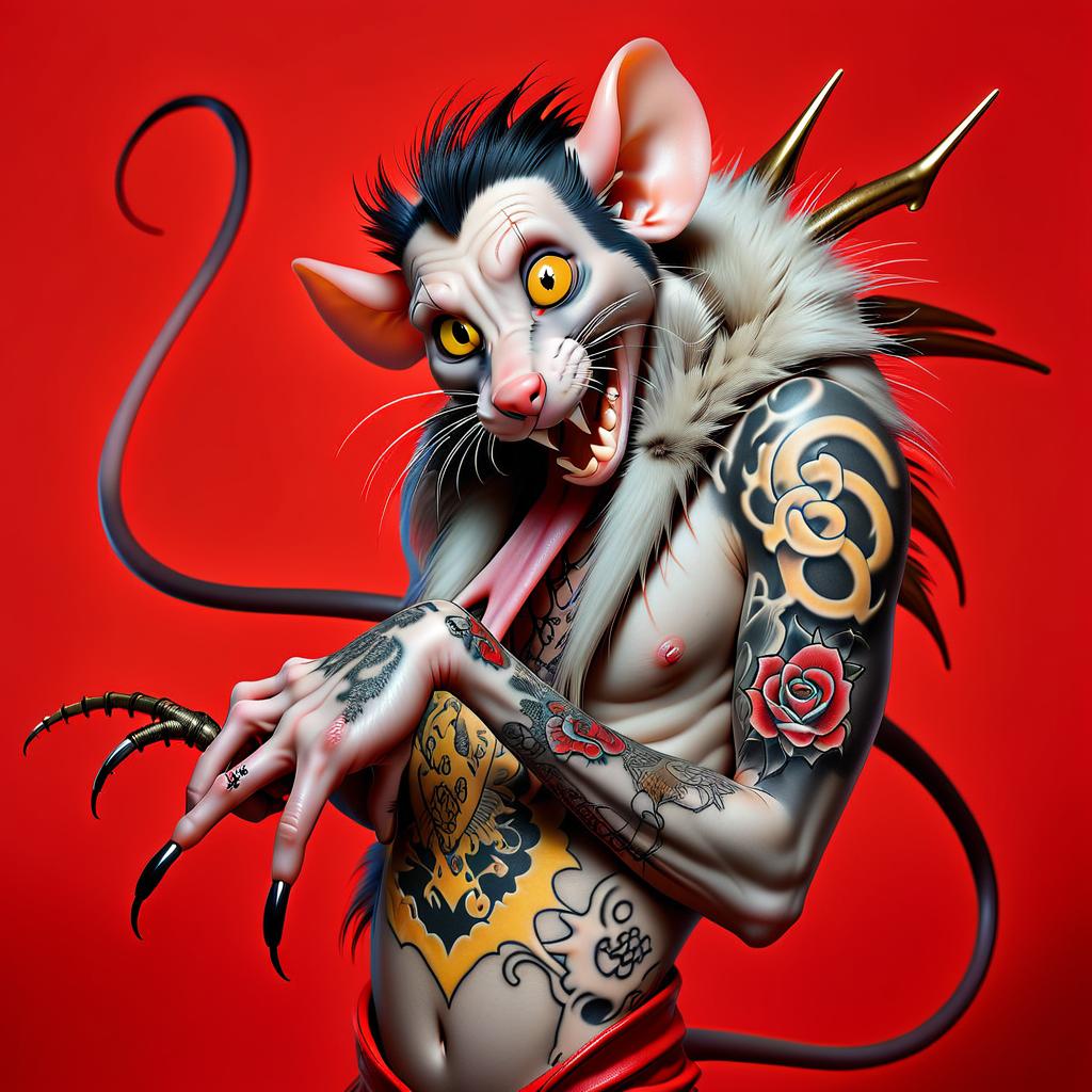  professional 3d model the rat is bald in a tattoo . a very scary rat with long sharp nails. the rat is in a terrible position. long yellow rat teeth . red background. big black eyes. the rat has two hands. one rat's foot on the shoulder . octane render, highly detailed, volumetric, dramatic lighting, sticker