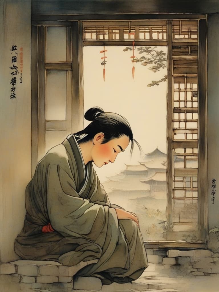  in the ancient houses of china, poets slowly bowed their heads and their eyes softened and they missed. he looked down a little, and seemed to be in a deep sense of homelessness. the image focuses on the poet's face, and the eyebrows reveal endless sorrow and loneliness. the light of the moon in the background remains in the room, adding a slight emotion。