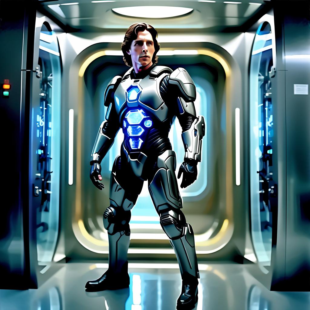  young christian bale, full length, in focus, wearing a futuristic military style exoskeleton, elbow length, standing in front of a glowing cryochamber, background slightly blurred, oil painting