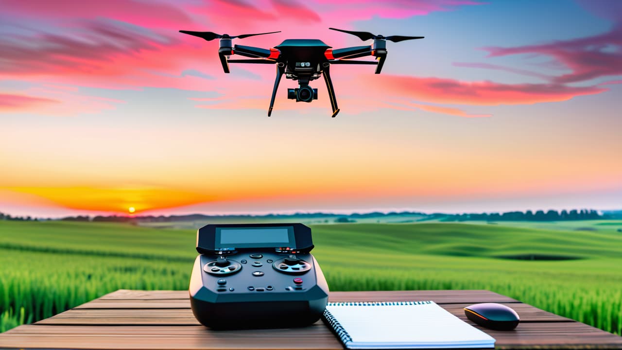  aerial view of a professional drone hovering above a scenic landscape, capturing vibrant fields and a picturesque sunset, with a nearby notepad and calculator on a rustic wooden table, symbolizing pricing strategies. hyperrealistic, full body, detailed clothing, highly detailed, cinematic lighting, stunningly beautiful, intricate, sharp focus, f/1. 8, 85mm, (centered image composition), (professionally color graded), ((bright soft diffused light)), volumetric fog, trending on instagram, trending on tumblr, HDR 4K, 8K