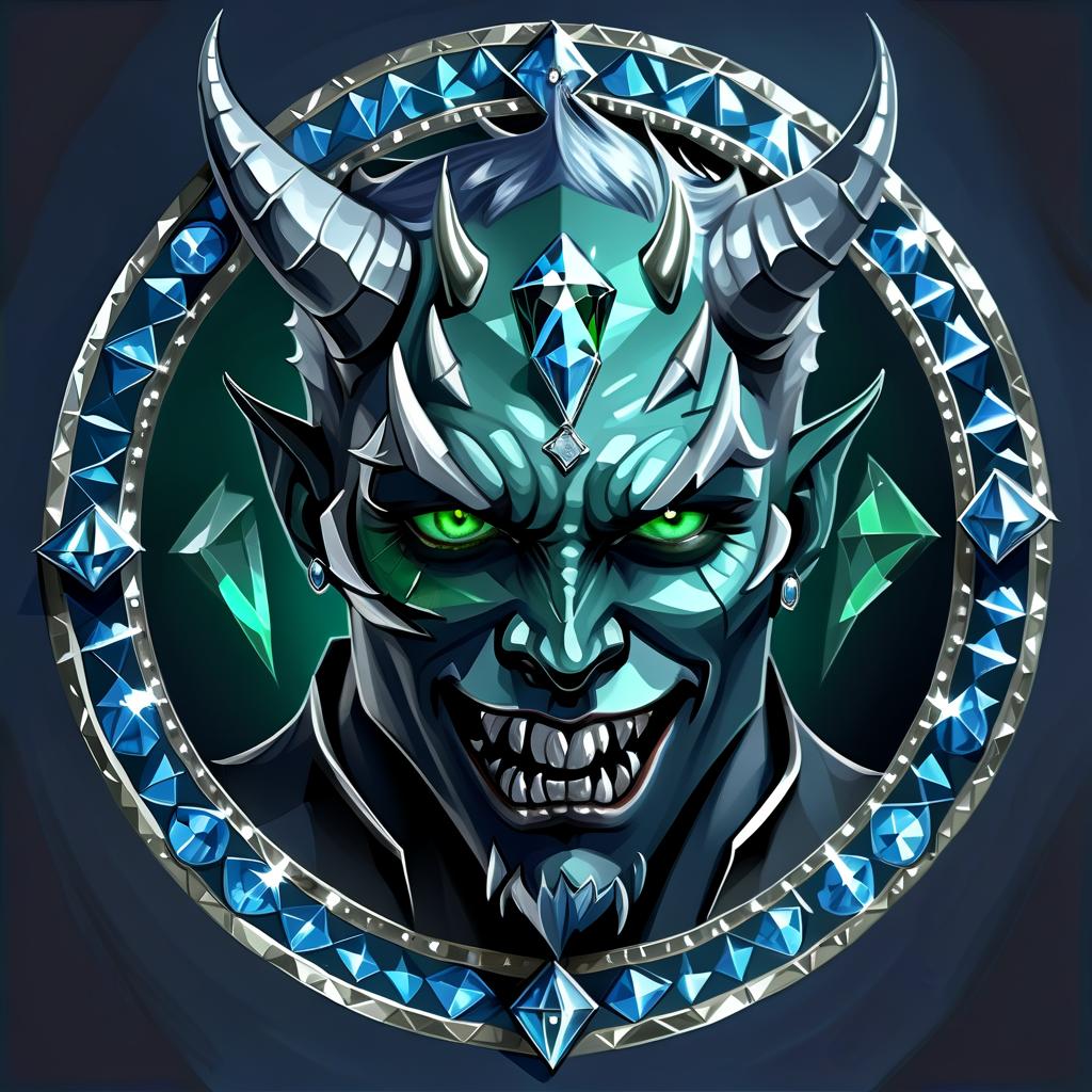  concept art diamond devil, portrait. dark green eyes, man. kind. hair gray. with fangs and horns. colors blue, blue, silver . digital artwork, illustrative, painterly, matte painting, highly detailed