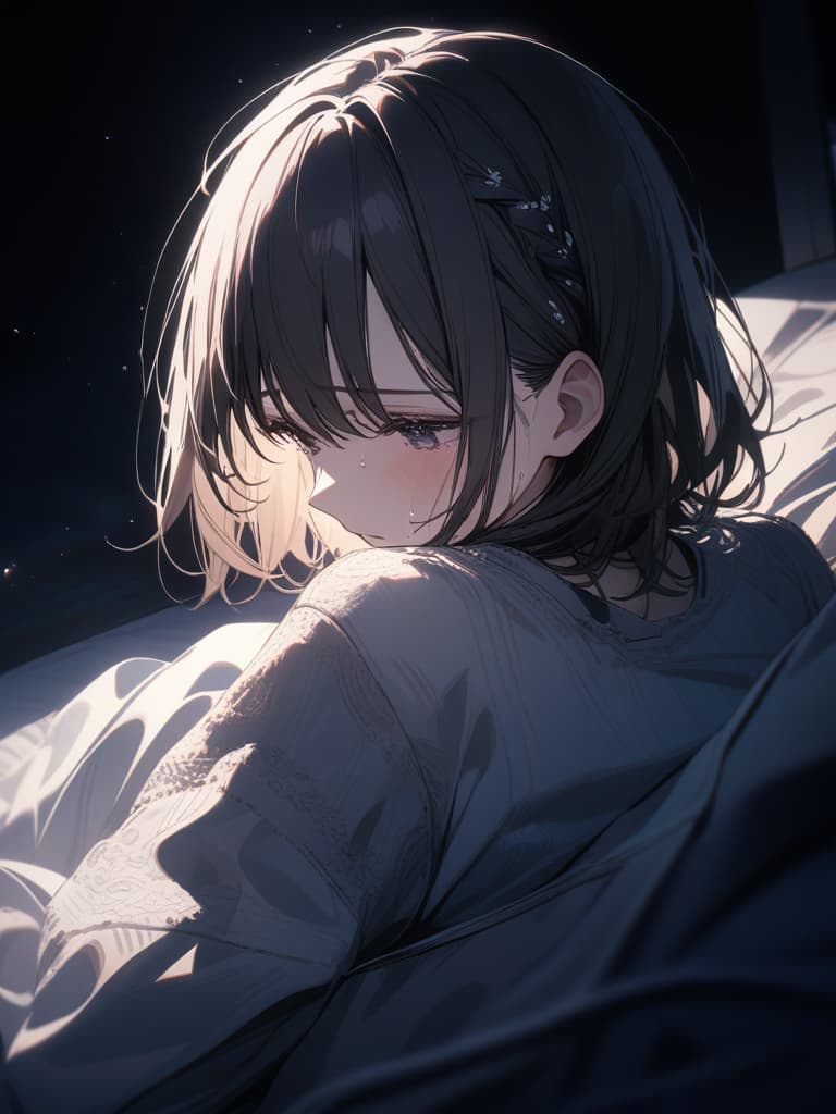  black hair, hair tip blue, short hair, short hair, braided ears, dark, night, crying, illness, masterpiece, best quality,8k,ultra detailed,high resolution,an extremely delicate and beautiful,hyper detail