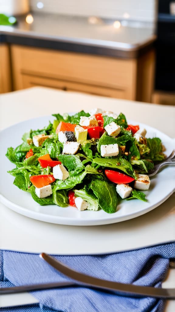  food gourmet photography style, greek salad on white flat plate in modern kitchen on table ar 9:16, appetizing, professional, culinary, high resolution, commercial, highly detailed ,soft natural lighting, macro details, vibrant colors, fresh ingredients, glistening textures, bokeh background, styled plating, wooden tabletop, garnished, tantalizing, editorial quality