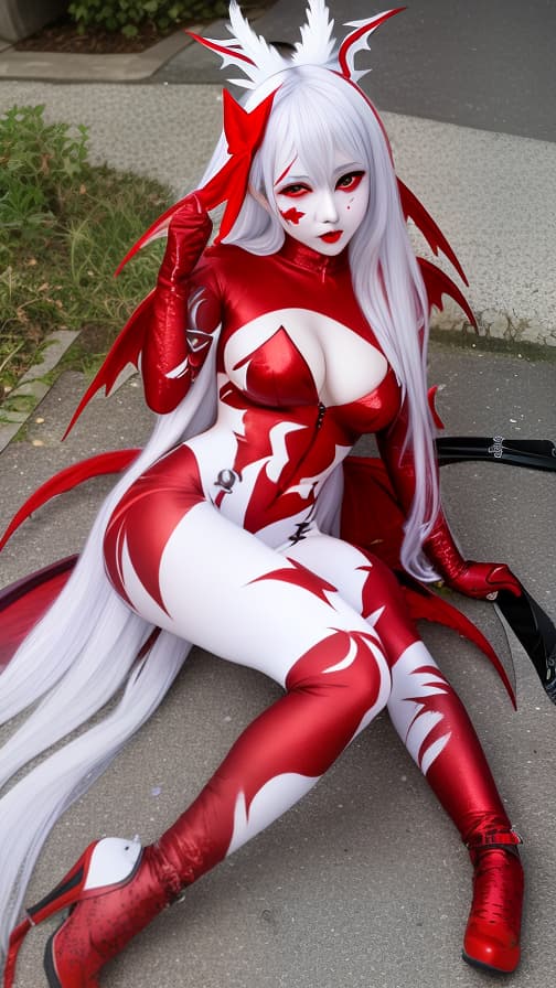  Full body red and silver flame pattern body paint,silver body paint on the whole body,White face paint on the face,succubus 女の子