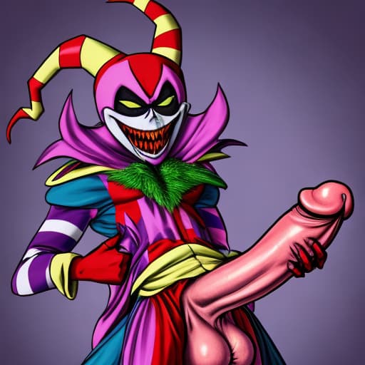  an evil jester with a huge penis, sticking it in, erotica