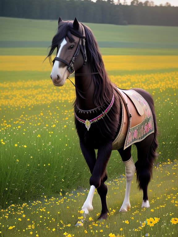  realistic stately crow horse strolls through the morning flower meadow, full length, cute , furry , expressive , by seth casteel , carli davidson , rachael hale mckenna, kaylee greer, sophie gamand