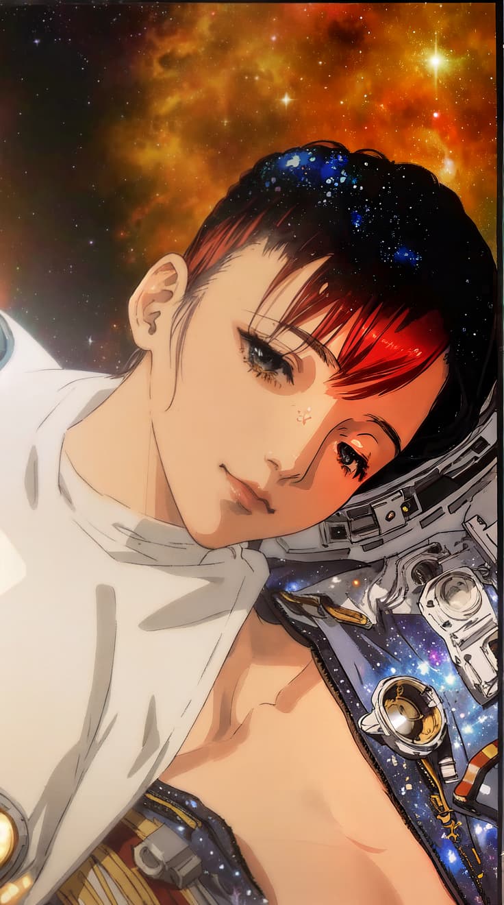  anime style, astronaut in space, fully detailed outer space background with stars, galaxies, nebulae, vibrant colors, wearing detailed space suit, cosmic scene, highly detailed spacesuit, complete space environment, clothing replace, space suit hyperrealistic, full body, detailed clothing, highly detailed, cinematic lighting, stunningly beautiful, intricate, sharp focus, f/1. 8, 85mm, (centered image composition), (professionally color graded), ((bright soft diffused light)), volumetric fog, trending on instagram, trending on tumblr, HDR 4K, 8K