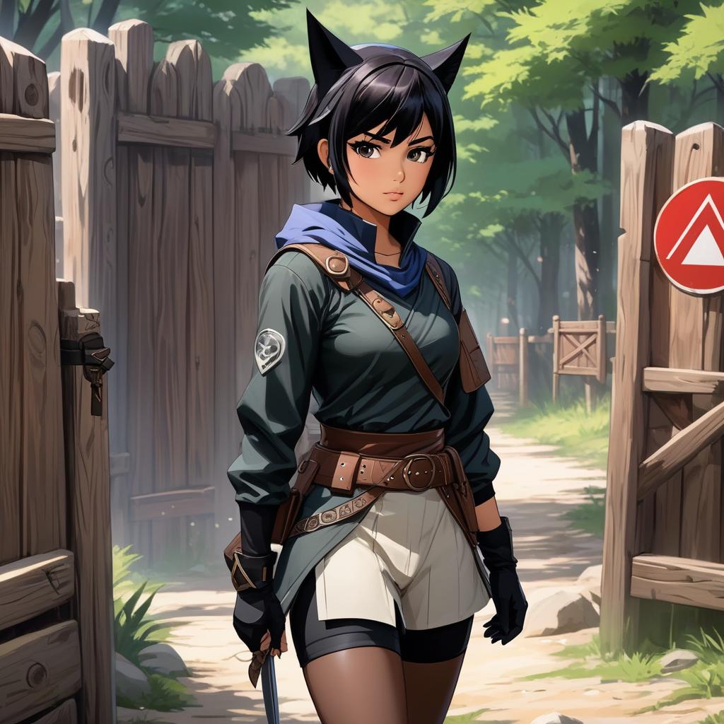  1 girl, brown skin, black adventuring rogue outfit, black hair, short hair, hair between eyes, mouth mask, glaring, pointy ears, annoyed, thumbs hooked in belt loops, campsite, anime style, anatomically correct, high details, best quality, high quality, hd, fantasy, wooden gate in the distance,, award winning, professional, highly detailed, masterpiece