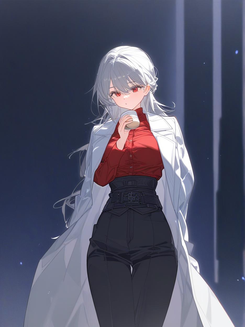  a strong woman, silver long hair, covering her face. she has deep, beautiful red eyes that are very prominent, white eyelashes that are very prominent in the eyes. she wears dark dress pants. a red shirt with buttons on the front seam, two thin belts under the bust. a light gray lab coat on the shoulders. a very strong and slender body, his strong abdomen shows in the red shirt. the background is a futuristic area where people practice combat in the background. she has a cup of coffee in her hands. well highlighted eyes with white eyelashes details, 8k. . best quality, high resolution