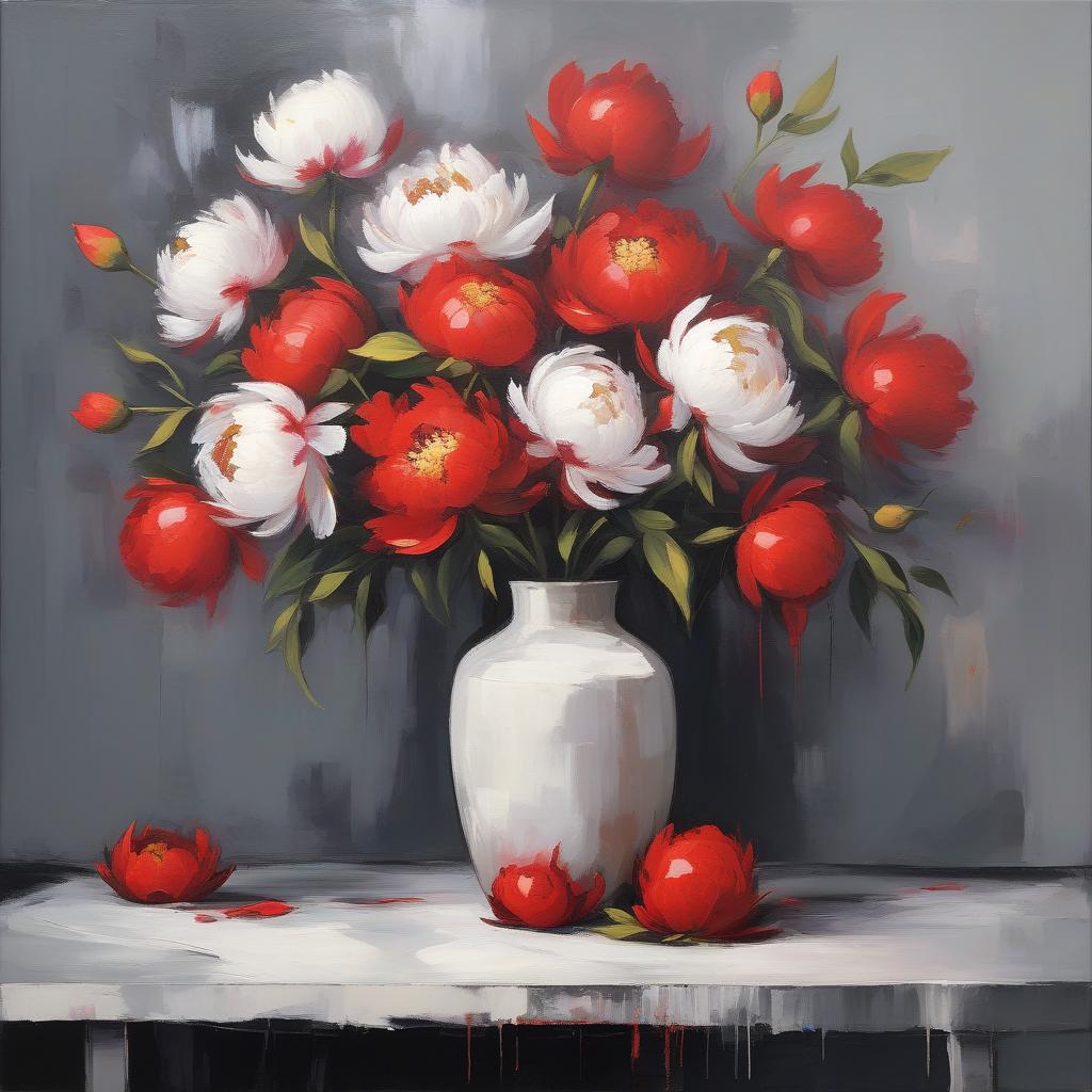  abstract expressionist painting red and white, by c f. white peonies and red peonies in a vase on the table, dark grey wall. still life, oil on canvas. . energetic brushwork, bold colors, abstract forms, expressive, emotional