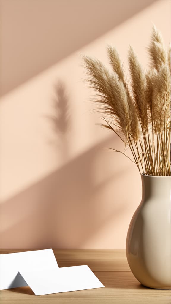  modern summer stationery still life scene. beige round vase with dry lagurus grass. table background in sunlight. blank business card, invitation mockups lean on champagne wall, long shadows. ar 9:16 {prompt}, maximum details