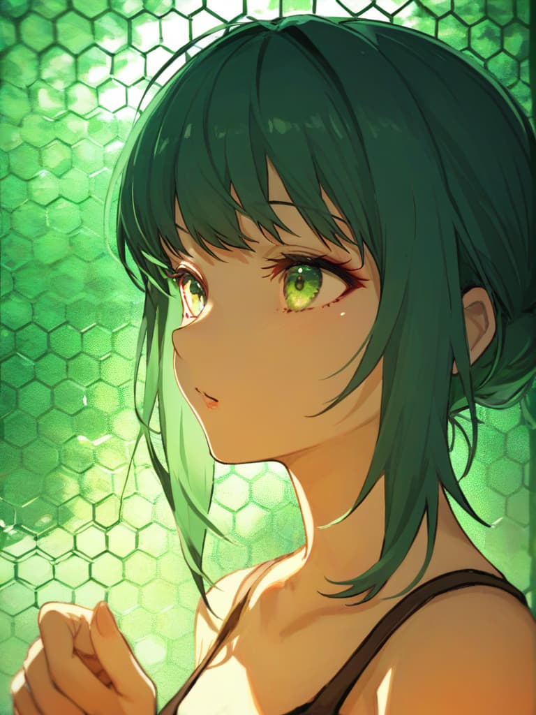  green hair,18yo,(((honeycomb structure:1.5)))