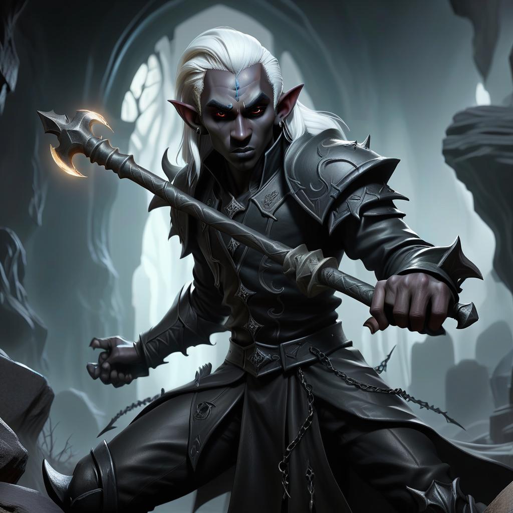  macabre style drow male elf cleric, simble plain black leather jacket, simple iron battle mace, dark cave temple . dark, gothic, grim, haunting, highly detailed, civitai, hkmagic