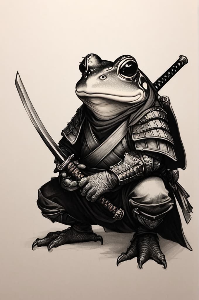  samurai frog with katana , (tattoo sketch:1.25), drawing