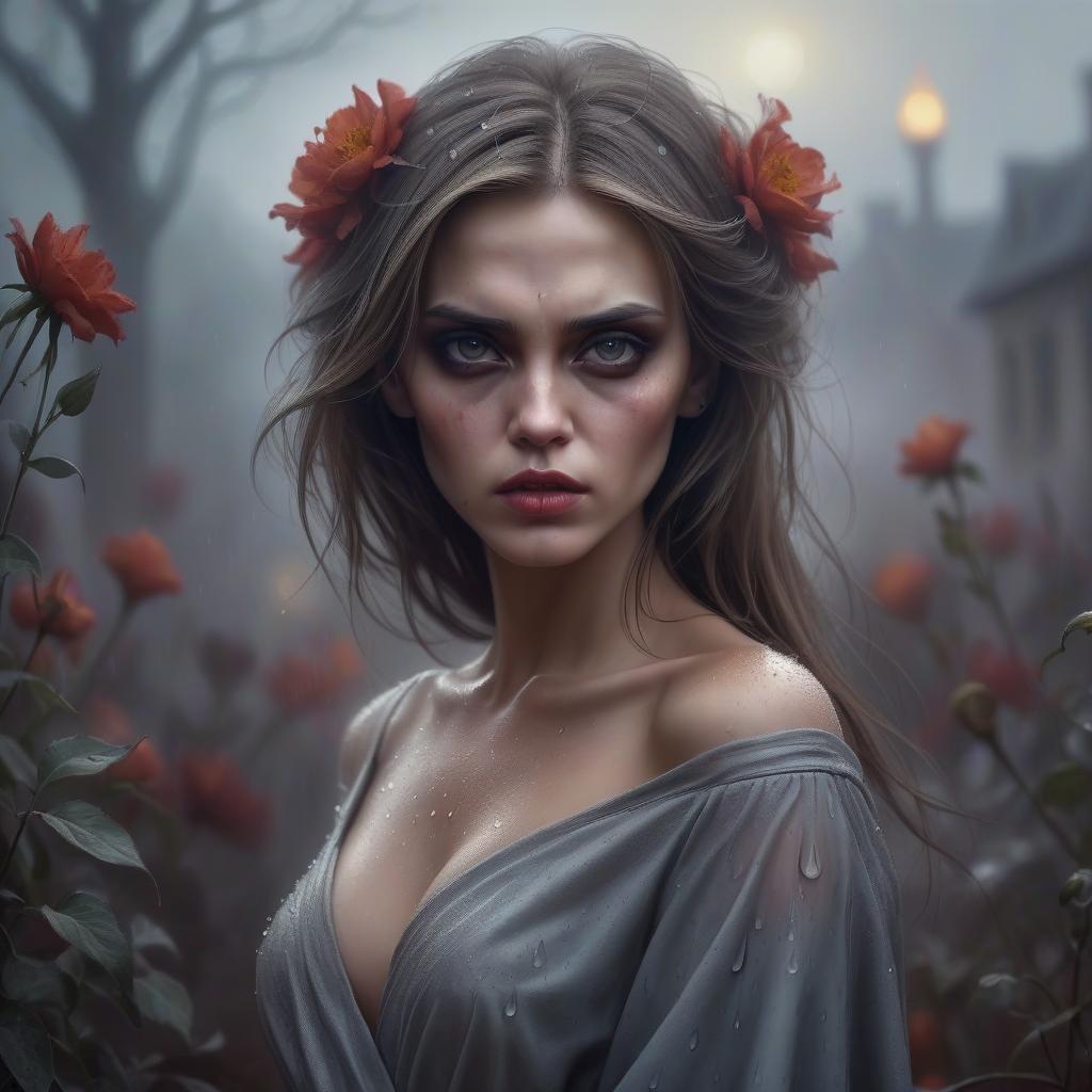  a girl with a brooding look and bloody hair, a graceful and beautiful figure with features reminiscent of angelina jolie and jessica alba bright lips high cheekbones and expressive eyes. high detail, around it gentle twinkling fire, half brown flowers winding around, a dull background with fog and soft light, a mysterious and slightly gloomy atmosphere, a light wind moves hair and clothes, rain drops sparkle on the skin