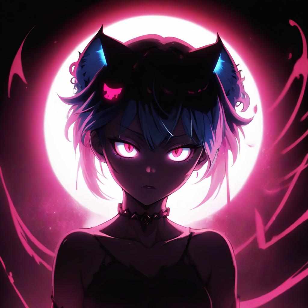  a close up of a person with blue hair, metal cat ears and glowing eyes, anime picture, deep crimson and dark shadows, perfect female body silhouette, bitcoin evil, ((pink)), style of madhouse anime, portrait of evil girl, it is night, looming head