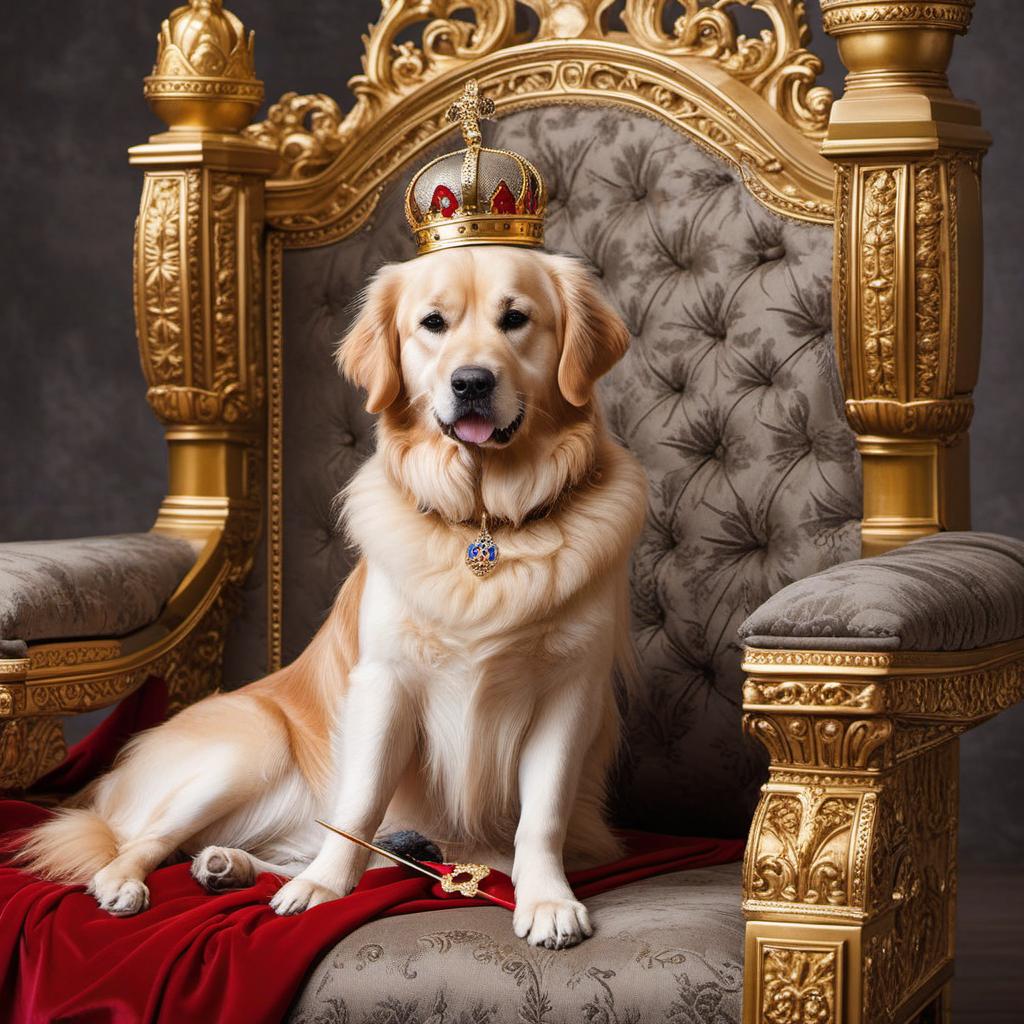  golden retriver posing as louis ix the king on a throne with sceptre, crown and red cape, profile image style