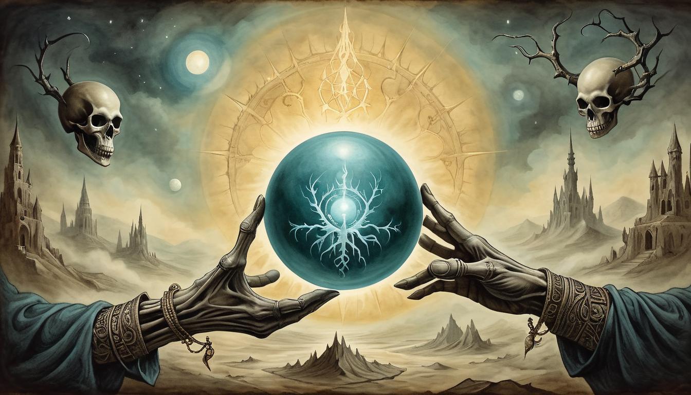  on parchment, surrealism+++, a mystical, glowing orb cradled in dark, skeletal hands, emitting faint light, symbolizing energy and karmic return, eerie and powerful(mysterious, provocative, symbolic,muted color)+++