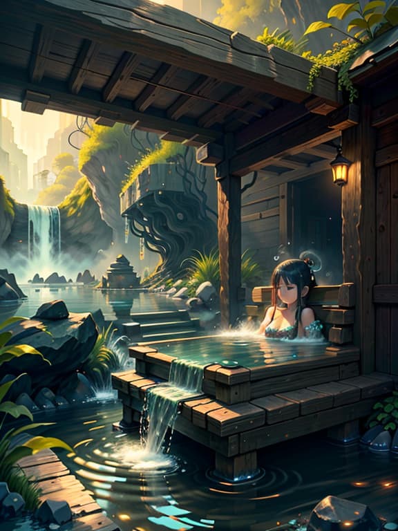  master piece, best quality, ultra detailed, highres, 4k.8k, Young ., Relaxing in the hot spring water, avoiding the tentacles., Calm and tranquil., BREAK Innocent encounter at hot spring., Outdoor hot spring., Stone pathway, wooden bucket, steam rising., BREAK Peaceful and serene., Warm sunlight, glistening water surface., cart00d