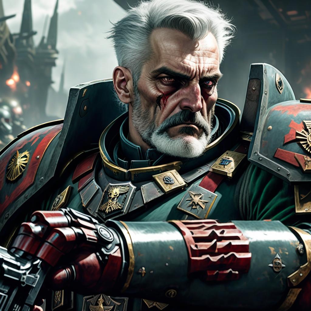  focus on big cybernetic arm of the imperial guard officer from warhammer 40,000, with gray hair and burns on his face and boltpistol in his arm