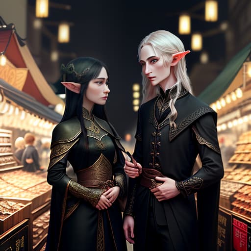  elf and elvish in rich black clothes at night market