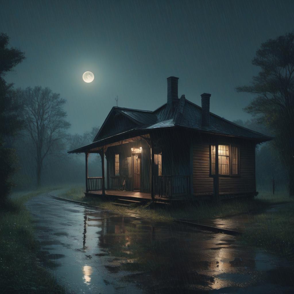  a small railroad station with no electric lights on a moonlit night in the rain.