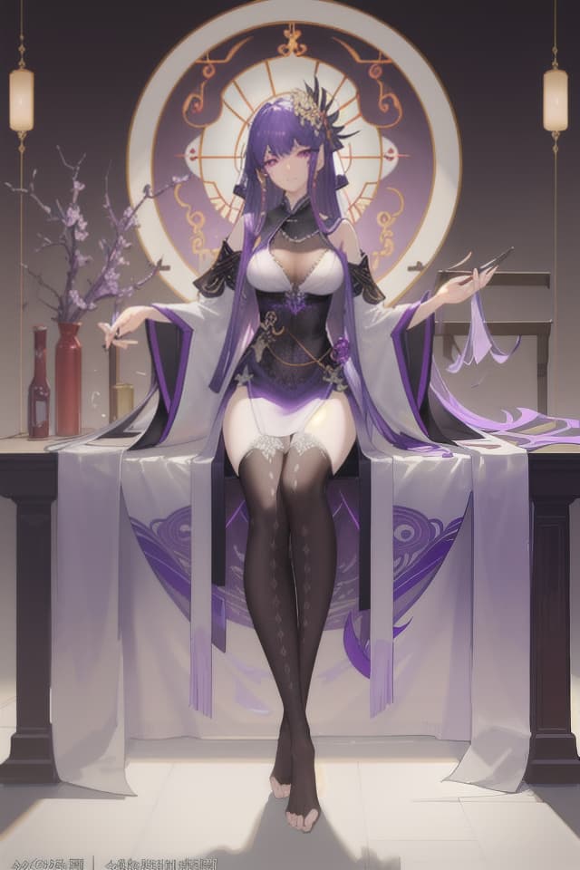  Ke Qing, purple eyes, purple hair (double tail), (masterpiece: 1.2, the best quality), (real picture, complicated details), ray tracing, detailed face, very detailed CG unified 8k wallpaper, a , normal, , s, s, vulva, slender , white stockings, barefoot, stretched , hyperrealistic, full body, detailed clothing, highly detailed, cinematic lighting, stunningly beautiful, intricate, sharp focus, f/1. 8, 85mm, (centered image composition), (professionally color graded), ((bright soft diffused light)), volumetric fog, trending on instagram, trending on tumblr, HDR 4K, 8K