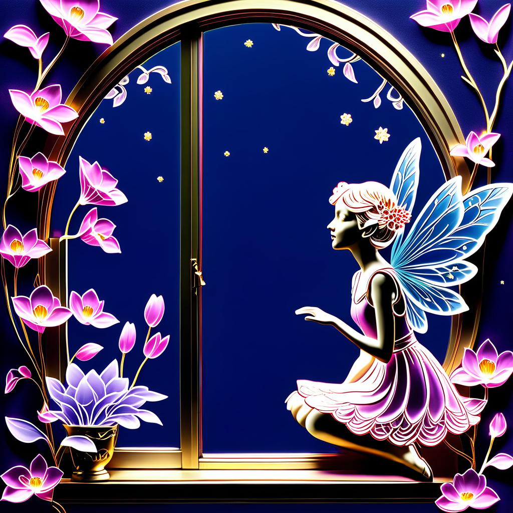  dreamscape ((flower fairy shop)) (( a small house with a tiled roof and carved windows surrounded by flowers of scarlet, pink, crocus1,5)) ((in the bud of a blossoming flower sits an enchanting fairy and invites customers into her shop. (1,5 fine, fine fractal glitter bright petal line gold ink sketch on dark blue background, (pixie petal silhouette:1,3), bud outline outline, bud outline, pixie fairy leaves with wings. (flower colour):alo pink, white pink, pearl blue, pearl blue, snow white) . (style):fetazi, art design, art deco, advertising, window display, (colours):soft pink, light lavender, white, soft green, all pastel shades. . surreal, ethereal, dreamy, mysterious, fantasy, highly detailed