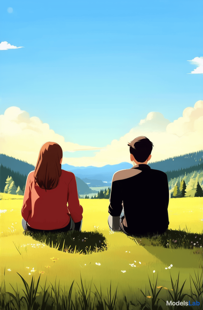  flat illustration, flaticon, (illustration:1.15), couple a man and a woman sit together bowing their heads on their shoulders and looking into the distance at a beautiful view relationships outdoor recreation dream travel family ar 2:3, [cory loftis, strobist, pascal campion :: 0.2]