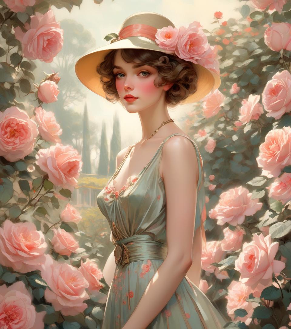  a woman in a hat and dress standing in a rose garden, inspirado em harrison fisher, retrato art nouveau, beautiful retro art, no estilo de arte de bowater, arte digital de um elegante, alphonse mucha e rossdraw, mucha estilo 4k, arte no estilo de guweiz, 1920s vibes, exquisite digital illustration