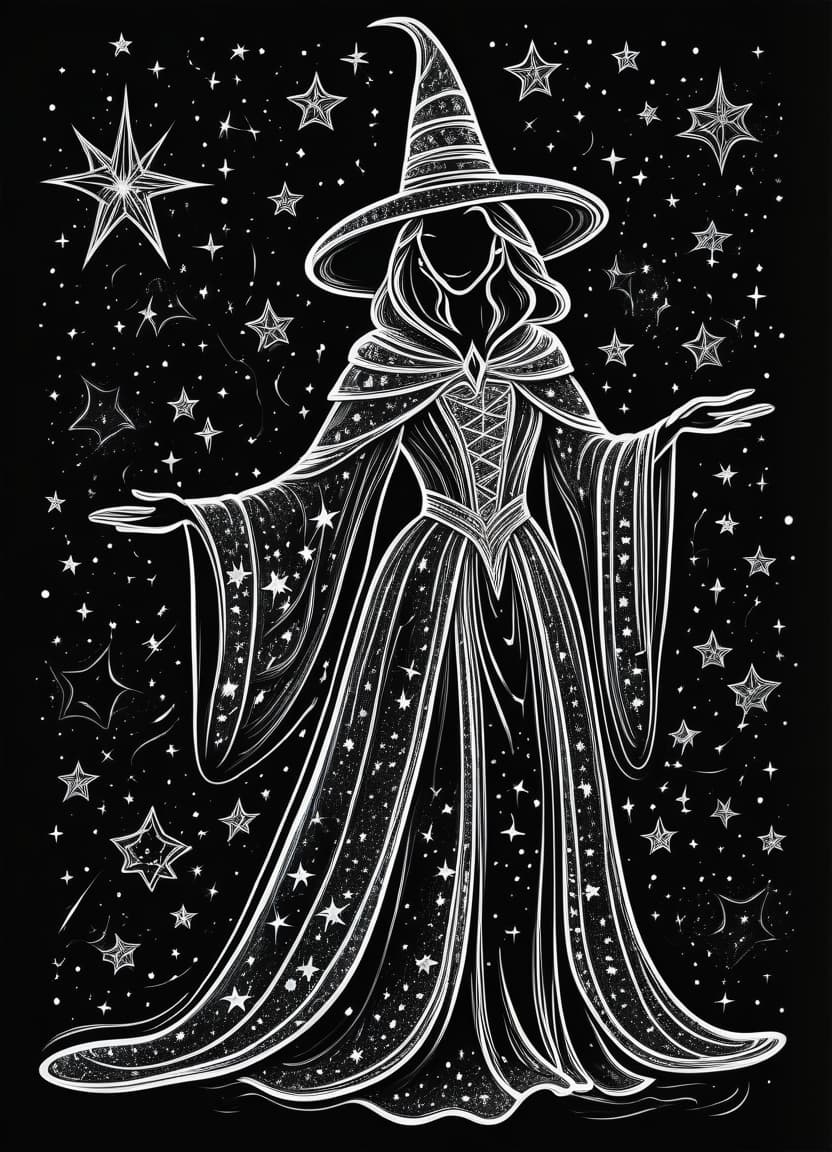  thin, fine fractal glossy vivid multicolore ink sketch on the black background, shiny contours outlines of a good witch in a robe with stars, in a pointed hat with stars, frame with intricate thin ornamentation from comet, stars and cosmic dust: (thin: 1,4) lines,