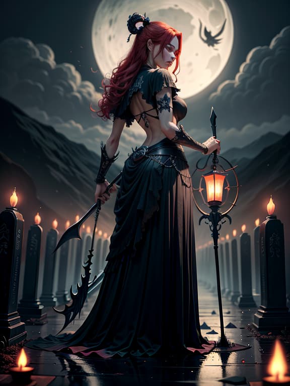  master piece, best quality, ultra detailed, highres, 4k.8k, beautiful death god, standing with a death scythe on her back, serene, break a beautiful death god with red hair and a crescent moon., graveyard, tombstones, lanterns, mist, break eerie yet peaceful, moonlight, mist effect,