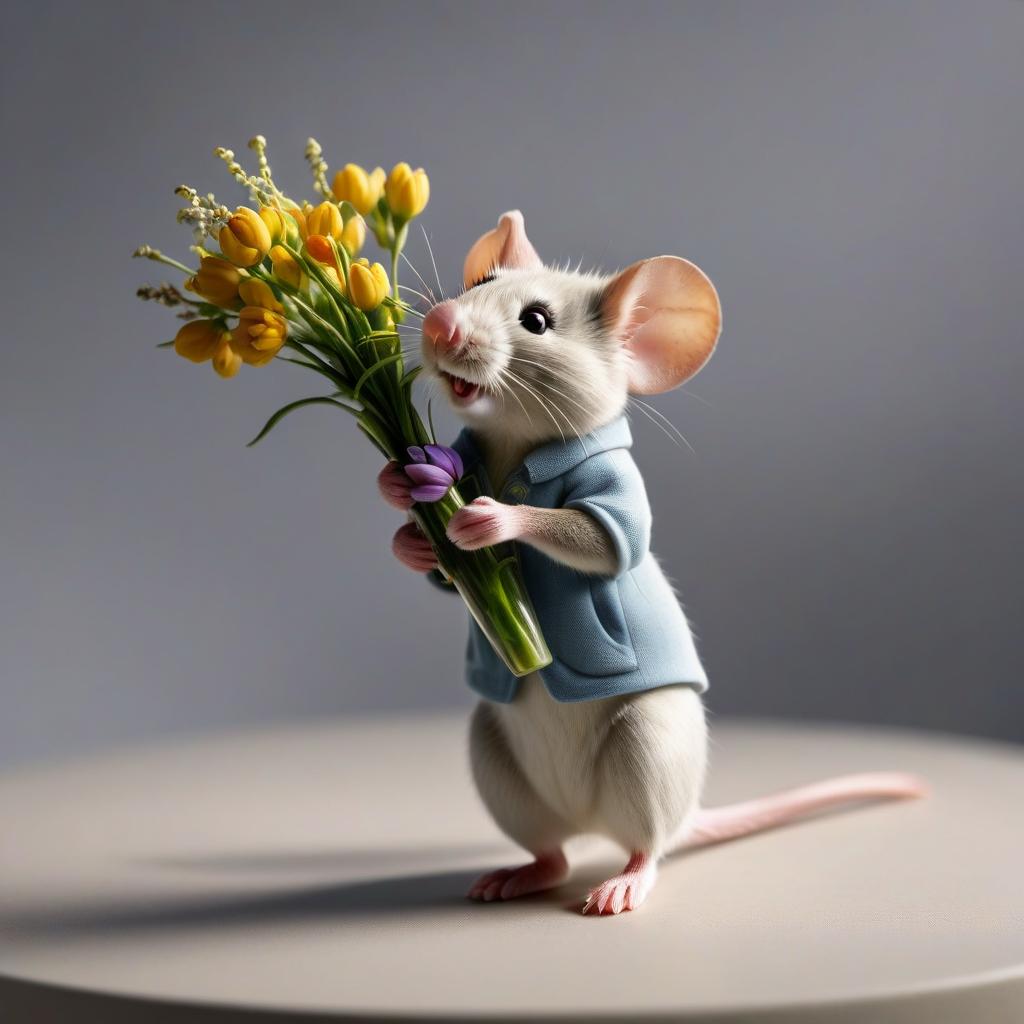  isometric style the mouse leans on a vase of flowers and reaches full length to the buds . vibrant, beautiful, crisp, detailed, ultra detailed, intricate hyperrealistic, full body, detailed clothing, highly detailed, cinematic lighting, stunningly beautiful, intricate, sharp focus, f/1. 8, 85mm, (centered image composition), (professionally color graded), ((bright soft diffused light)), volumetric fog, trending on instagram, trending on tumblr, HDR 4K, 8K