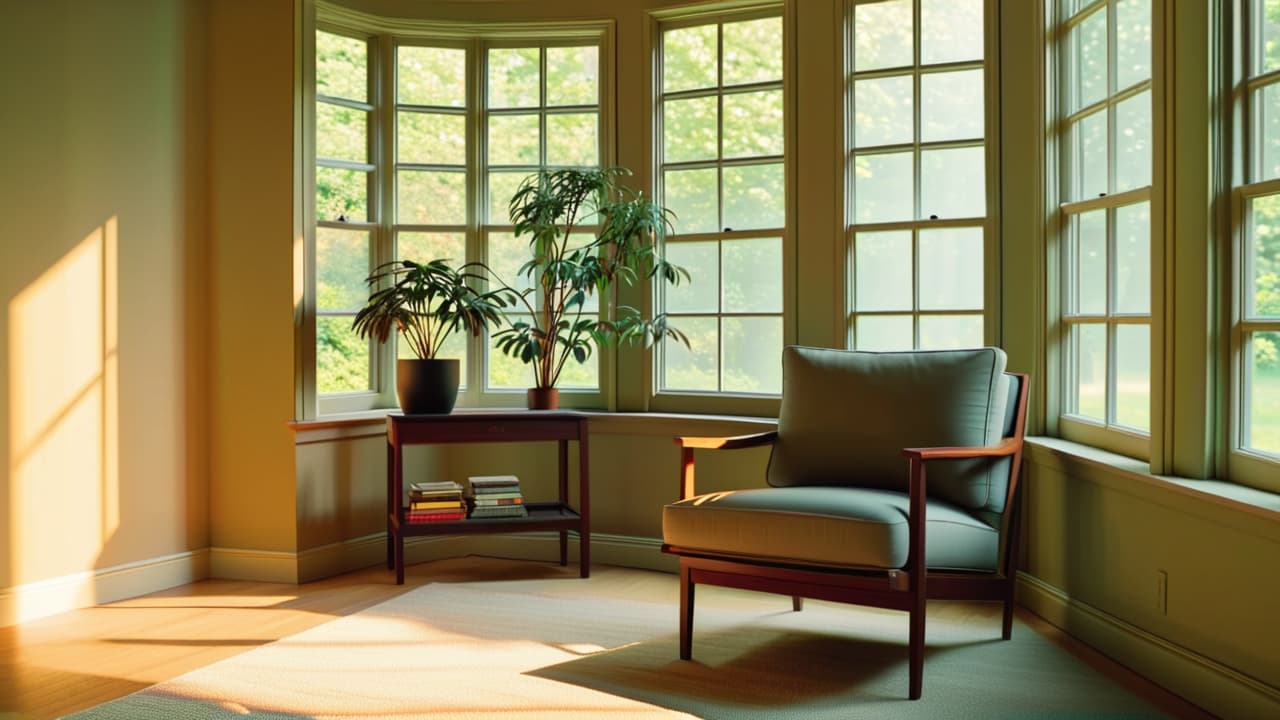  a serene, sunlit room with a single potted plant, a simple wooden chair, and a soft, neutral colored rug. large windows open to a tranquil nature scene, evoking calmness and clarity. hyperrealistic, full body, detailed clothing, highly detailed, cinematic lighting, stunningly beautiful, intricate, sharp focus, f/1. 8, 85mm, (centered image composition), (professionally color graded), ((bright soft diffused light)), volumetric fog, trending on instagram, trending on tumblr, HDR 4K, 8K