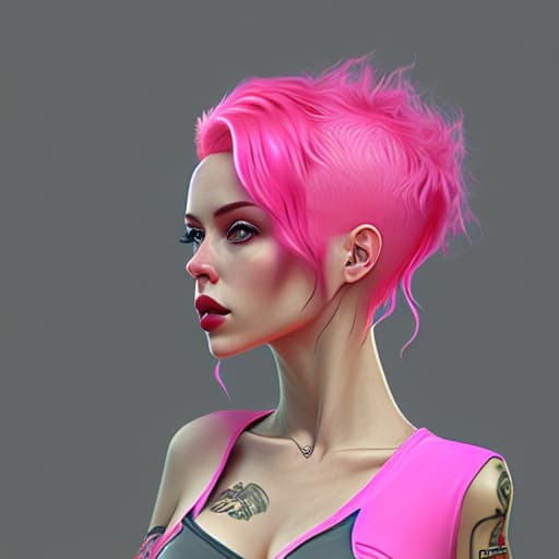  —Style Photoralism, a close up of a woman with pink hair and a red top, short pink hair, cute with short pink hair, huge curly pink hair, curly pink hair, pink short hair, huge pink hair, pink hair, breathtaking ilya kuvshinov, yael shelbia, cgsociety portrait, rose hair, kawaii realistic portrait, hyperrealistic , with pink hair