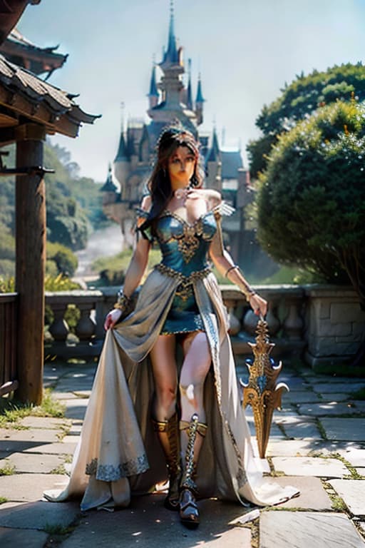  Warrior princess with dragons, misty light, castle in background hyperrealistic, full body, detailed clothing, highly detailed, cinematic lighting, stunningly beautiful, intricate, sharp focus, f/1. 8, 85mm, (centered image composition), (professionally color graded), ((bright soft diffused light)), volumetric fog, trending on instagram, trending on tumblr, HDR 4K, 8K