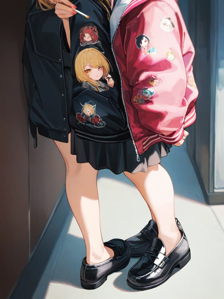  smoking, smoking cigarettes, girls smoking cigarettes, girls wearing headphones, spider nest tattoos, blonde bob cut girls, girls wearing black loafers, souvenir jacket, souvenir jacket, black jacket, maid cosplay, masterpiece, best quality,8k,ultra detailed,high resolution,an extremely delicate and beautiful,hyper detail