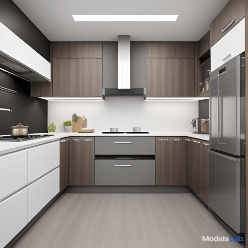  a modern and stylish kitchen interior designed by turum, featuring minimalist design with a combination of light and neutral colors (white, gray, wooden tones) and sleek black accents. the kitchen includes built in appliances like an oven, microwave, and dishwasher, with spacious cabinets and pull out systems for optimal storage. the countertops are made of high quality materials, and the layout is either straight or l shaped to fit small spaces. additional elements include bottle holders, organizers, railings, and hidden hoods. the overall look is clean, functional, and elegant, with a focus on practicality and ease of maintenance hyperrealistic, full body, detailed clothing, highly detailed, cinematic lighting, stunningly beautiful, intricate, sharp focus, f/1. 8, 85mm, (centered image composition), (professionally color graded), ((bright soft diffused light)), volumetric fog, trending on instagram, trending on tumblr, HDR 4K, 8K