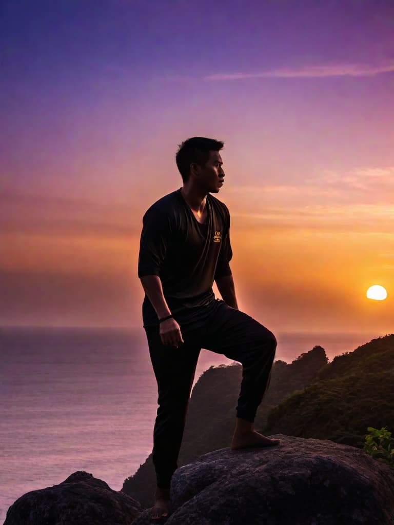  Close up of the silhouette of a man doing Thai Chi on a cliff overlooking the ocean with a sunrise in the background. RAW, realistic