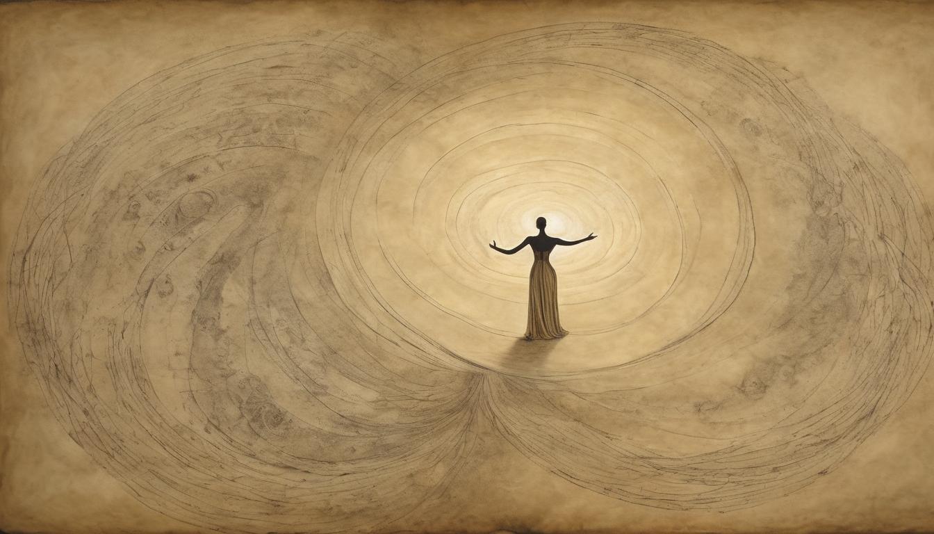  on parchment, surrealism++, a powerful figure standing amidst a swirling vortex, glowing aura, sense of transformation(mysterious, provocative, symbolic)++