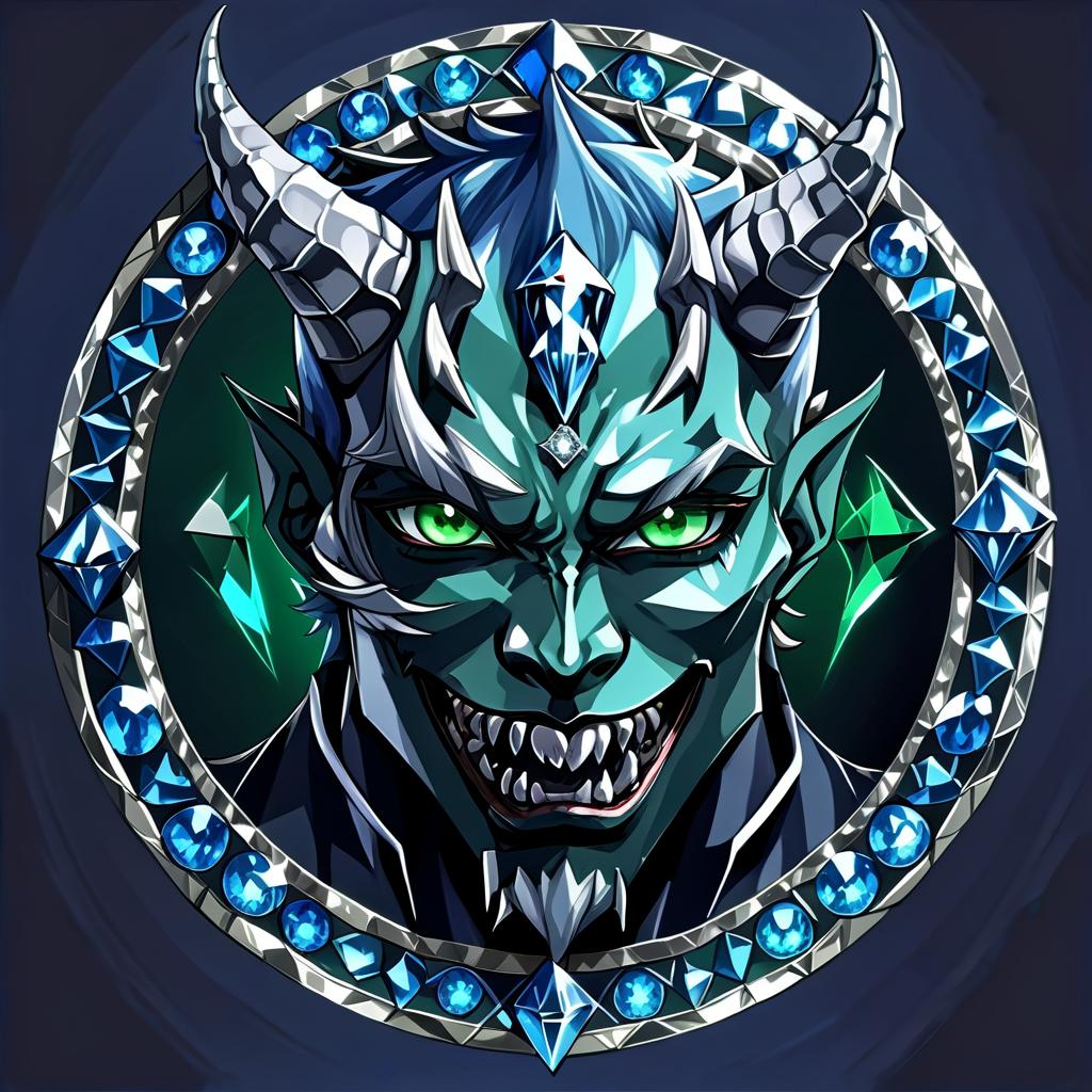  anime artwork diamond devil, portrait. dark green eyes, man. kind. hair gray. with fangs and horns. colors blue, blue, silver . anime style, key visual, vibrant, studio anime, highly detailed