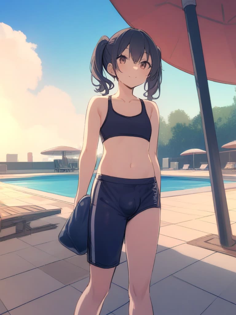  women's elementary students (male), twin tails, cute smiles, (rich s), short stature, dark blue swimwear, old swimwear, swimwear, simple, (upward), upward, (bulge), front, whole body, pool side ,,,