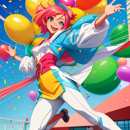  a joyful cartoon scene featuring a woman who has successfully lost weight. she has a radiant smile and sparkling eyes, exuding confidence and happiness. her physique is slim, showcasing her transformation. she wears oversized clothes that hang loosely around her, emphasizing her previous size. the background is colorful and uplifting, with elements like balloons and confetti to enhance the celebratory mood. the style is a blend of stylized 3d character design with vibrant anime influences, capturing a sense of fun and positivity.