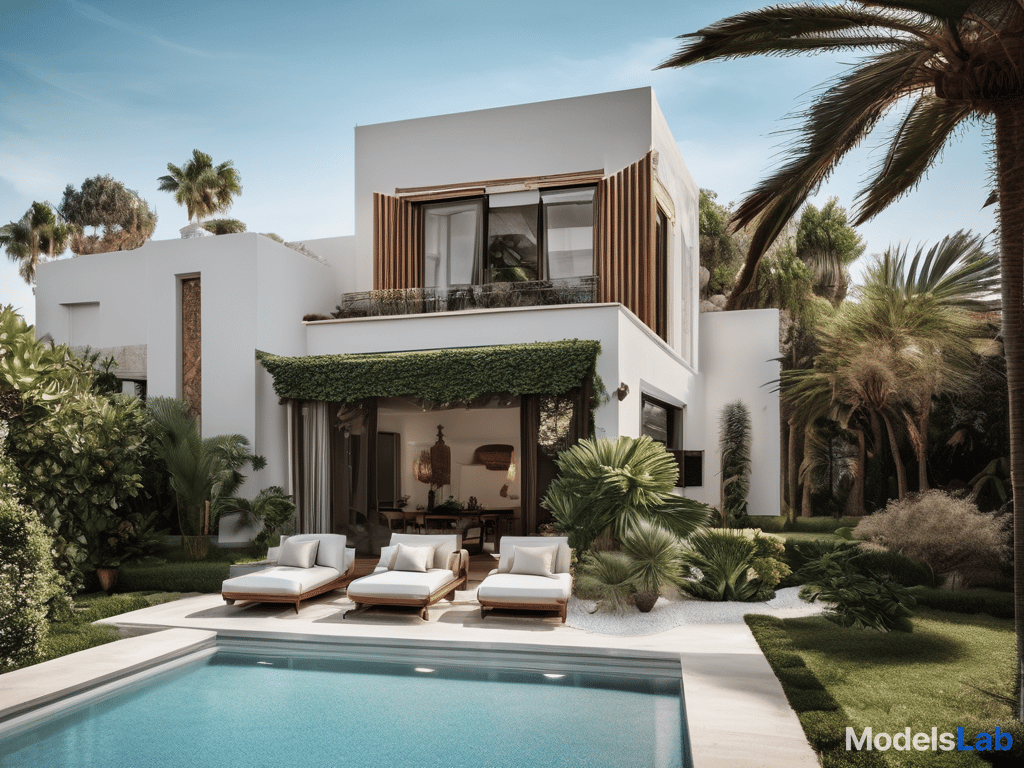  beautiful spanish villa, contemporary, with pool, tropical garden, bright sky and weather hyperrealistic, full body, detailed clothing, highly detailed, cinematic lighting, stunningly beautiful, intricate, sharp focus, f/1. 8, 85mm, (centered image composition), (professionally color graded), ((bright soft diffused light)), volumetric fog, trending on instagram, trending on tumblr, HDR 4K, 8K