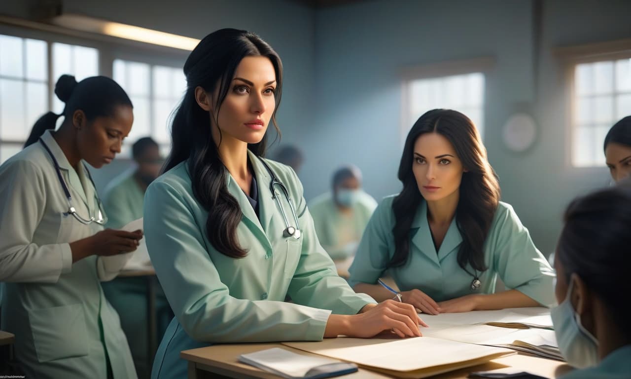  hdr photo of drawing style. a young female doctor in her 30s with long black hair observes what is happening in a deployed medical camp for victims of a zombo virus epidemic and records data . high dynamic range, vivid, rich details, clear shadows and highlights, realistic, intense, enhanced contrast, highly detailed hyperrealistic, full body, detailed clothing, highly detailed, cinematic lighting, stunningly beautiful, intricate, sharp focus, f/1. 8, 85mm, (centered image composition), (professionally color graded), ((bright soft diffused light)), volumetric fog, trending on instagram, trending on tumblr, HDR 4K, 8K