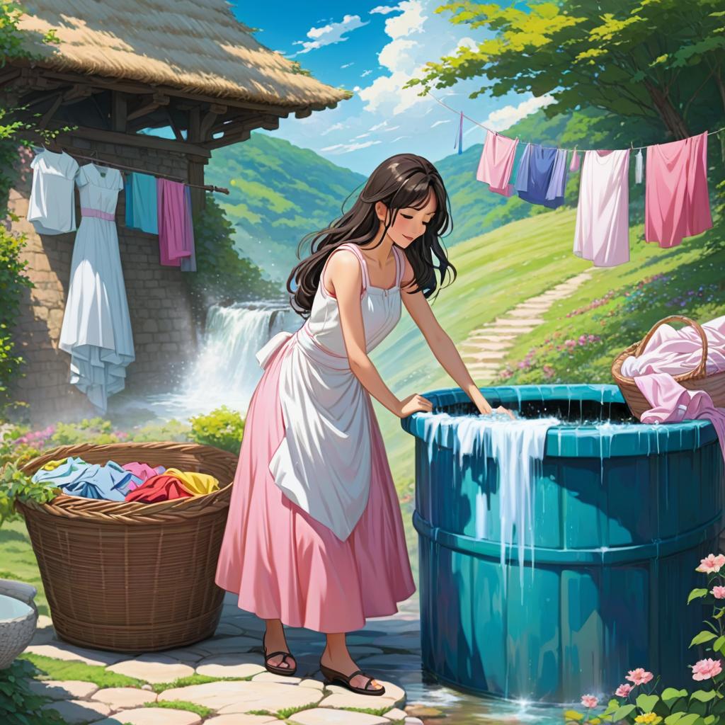  ### scene 2: washing clothes **description**: a graceful woman is washing colorful clothes in a basin next to the well. she is dressed in a flowing white and soft pink dress. a basket of laundry sits nearby., anime artwork, anime style, key visual, vibrant, studio anime, highly detailed